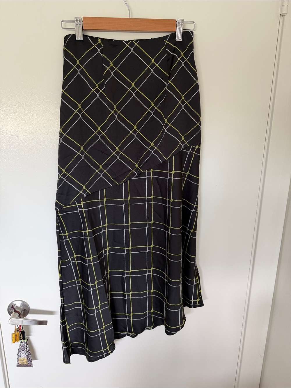 The Fifth Label Black Midi Skirt with Lime Plaid Asymmetry